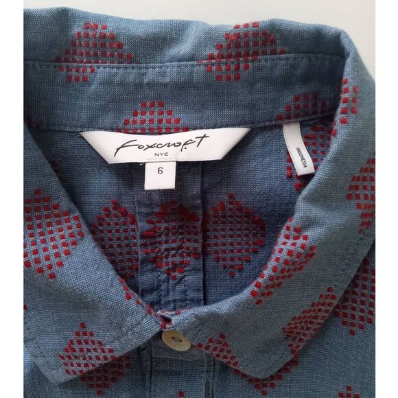 Foxcroft NY Cold Shoulder Collared Shirt Women 6 Blue Red Diamond Shape … - Picture 3 of 7